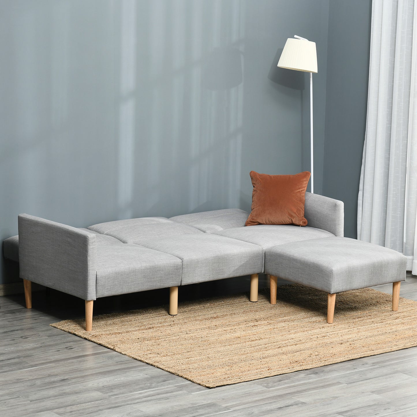 Nosove Diri Linen Light Grey Corner Sofa Bed Set With Footstool And Rubberwood Legs