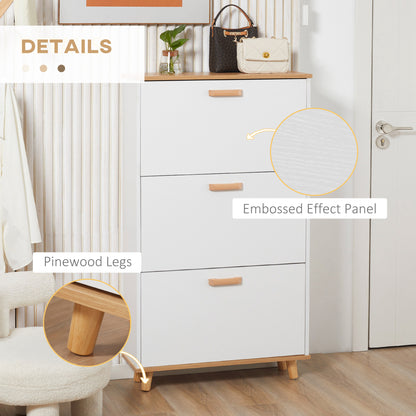Ellora Lera Wooden White and Natural Slim Shoe Cabinet With 3 Flip Drawers For 12 Pairs