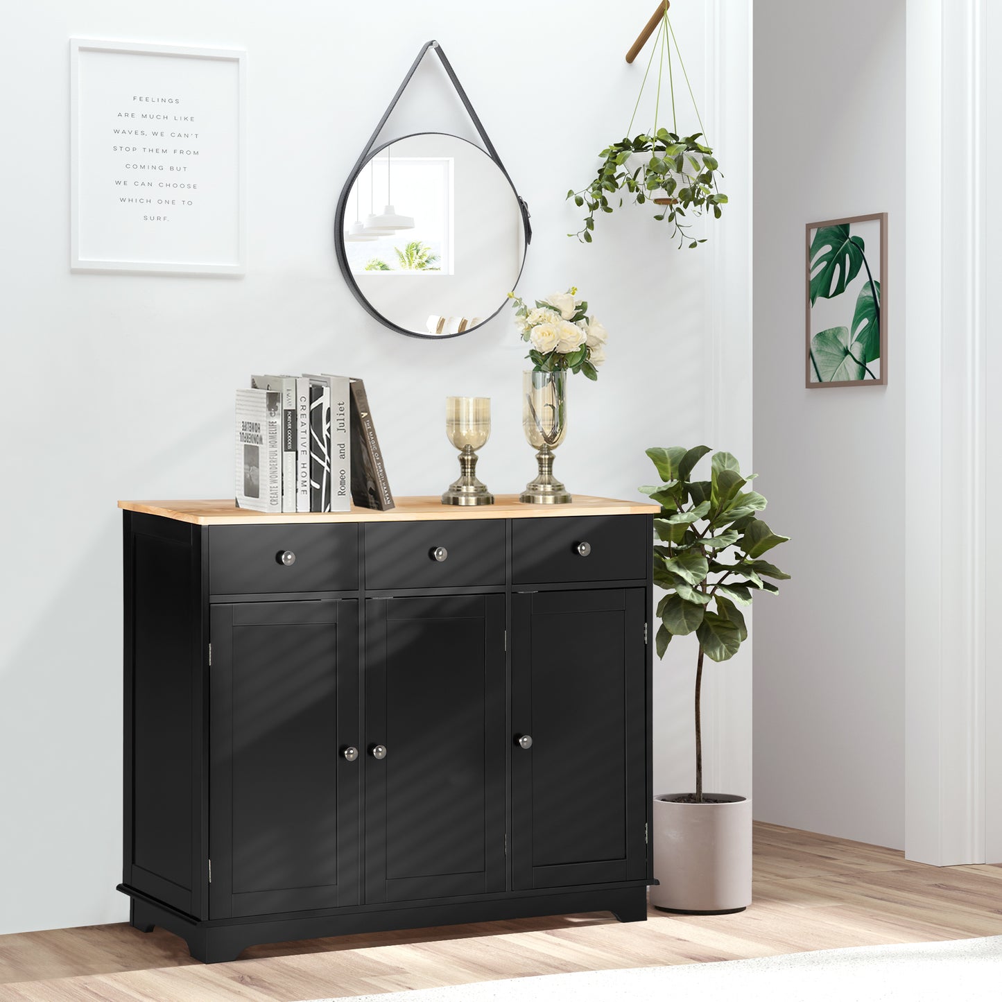Totoro Black Sideboard With Natural Top 3 Doors 3 Drawers 3 Shelves