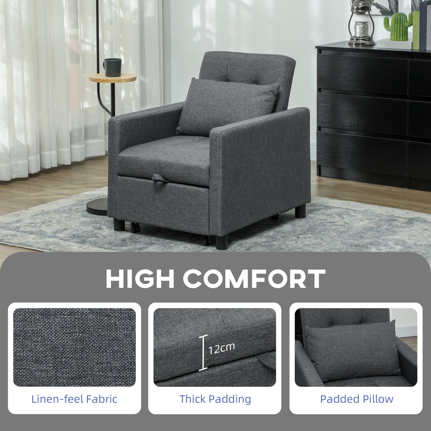 Loco Suro Dark Grey 3 In One Convertible Chair Bed With Adjustable Back Cushion And Footrest