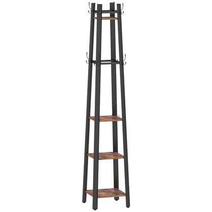 Kareva Metal And Wood Brown And Black 4 Tier Industrial Coat Stand With Shelves