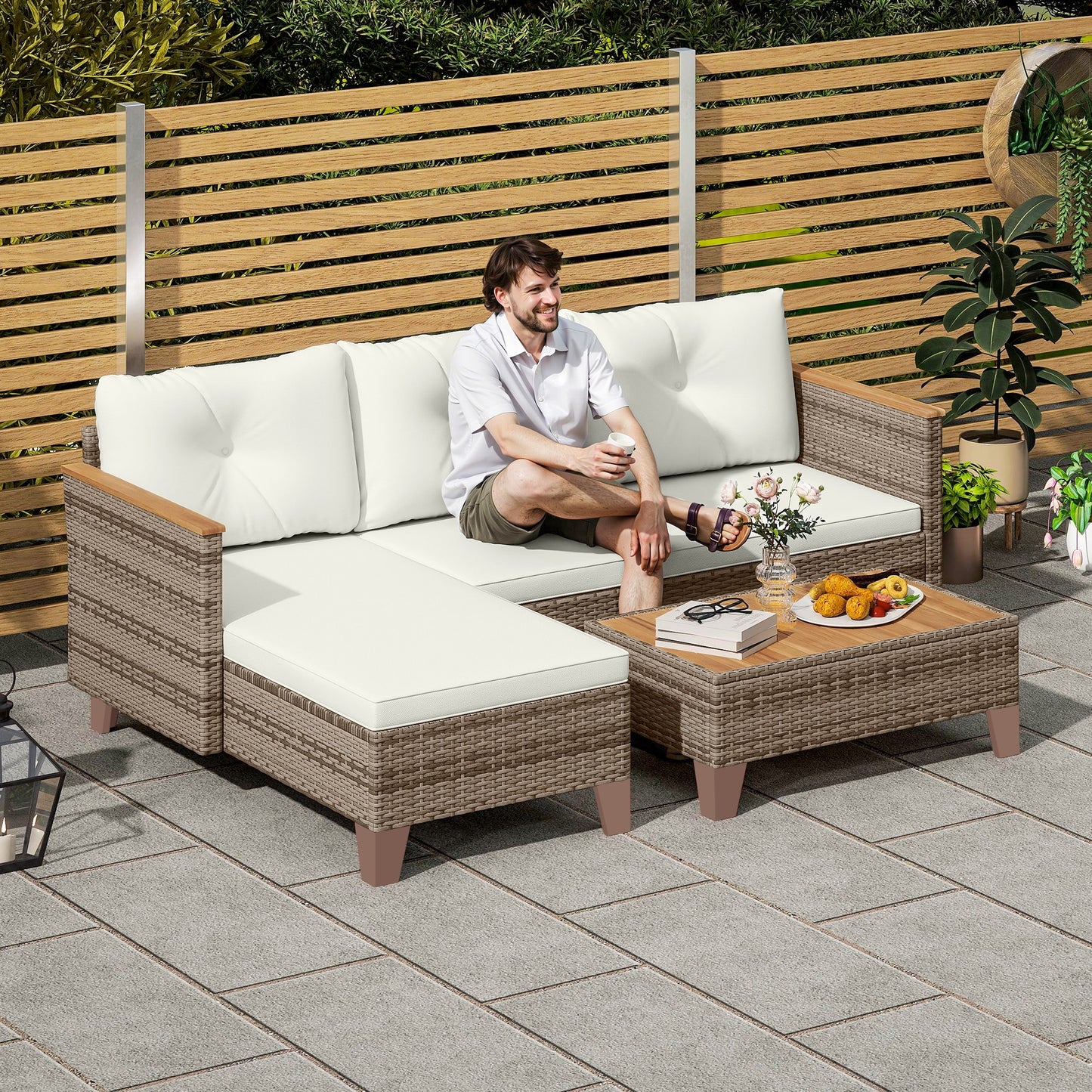 Serado Natural Rattan and Cream Fabric 3 Piece L Shaped Outdoor Conversation Set With Wood Top Table