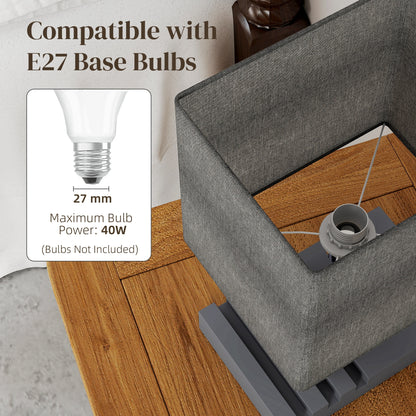 Kata Wood And Fabric Grey Bedside Table Lamp With USB Charging Ports Phone Stands And Fabric Shade