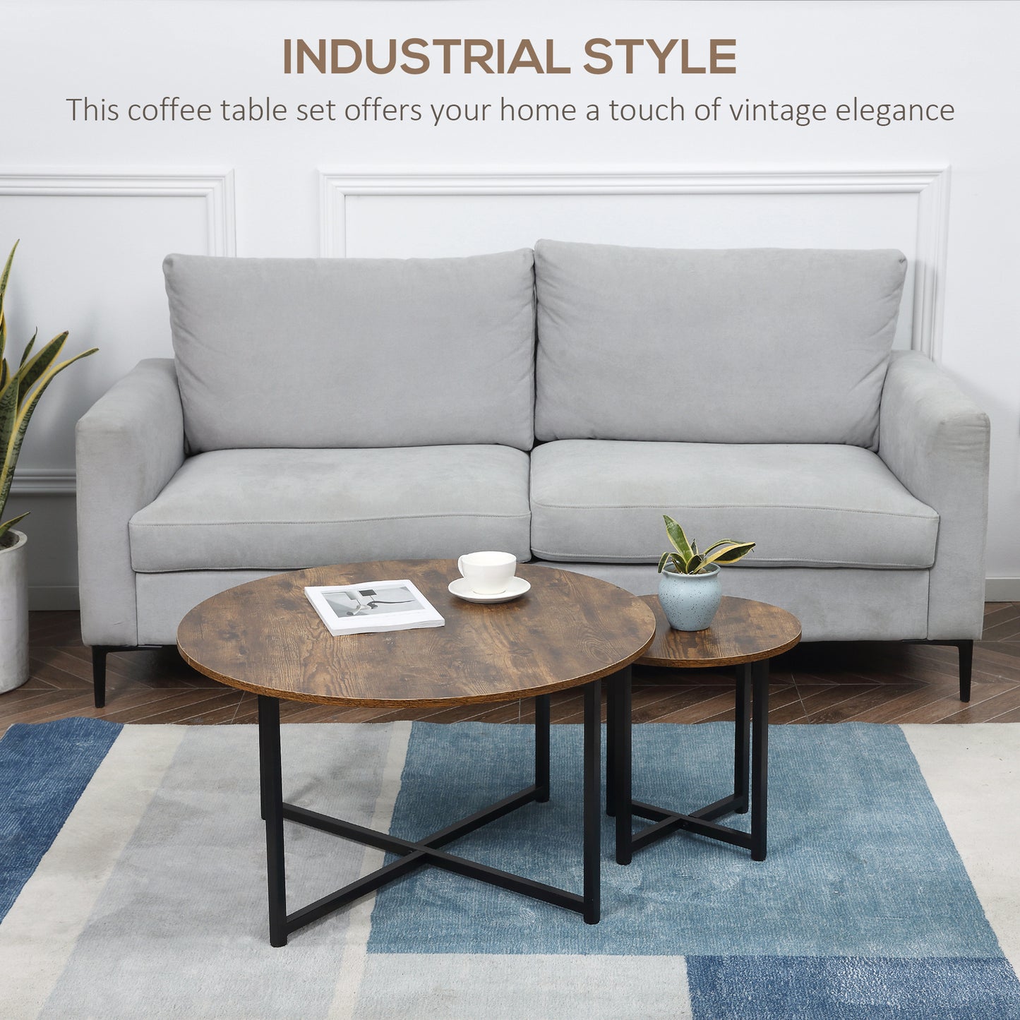 Kara Baso Set Of 2 Round Industrial Nesting Coffee Tables Metal And Wood Rustic Brown