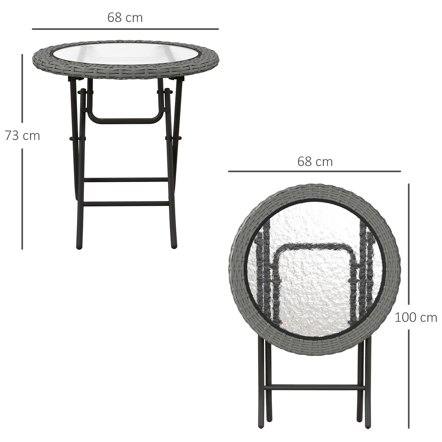Doco 68cm Rattan Grey Folding Round Outdoor Coffee Table With Ripple Effect Glass Top
