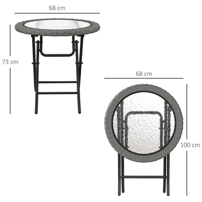 Doco 68cm Rattan Grey Folding Round Outdoor Coffee Table With Ripple Effect Glass Top