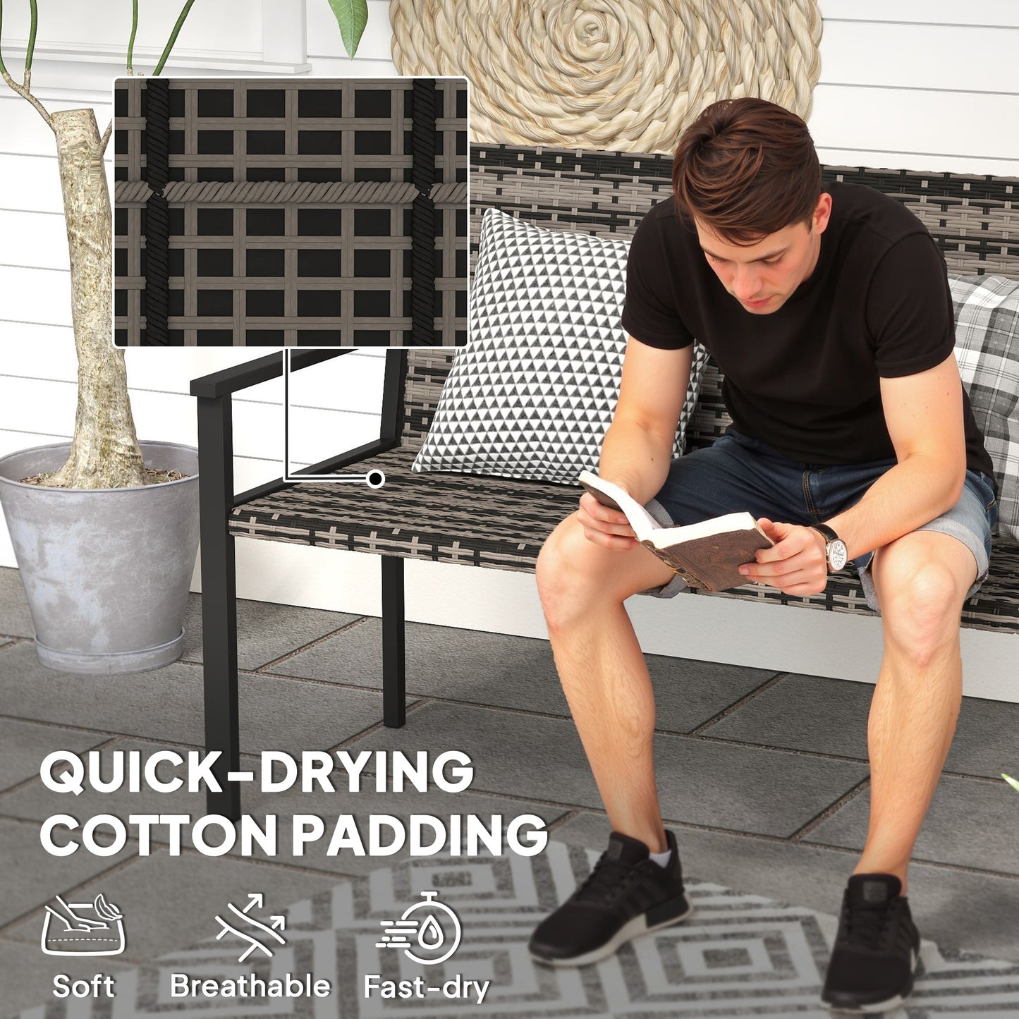 Batare Rattan Grey 2 Seater Garden Bench With Armrests