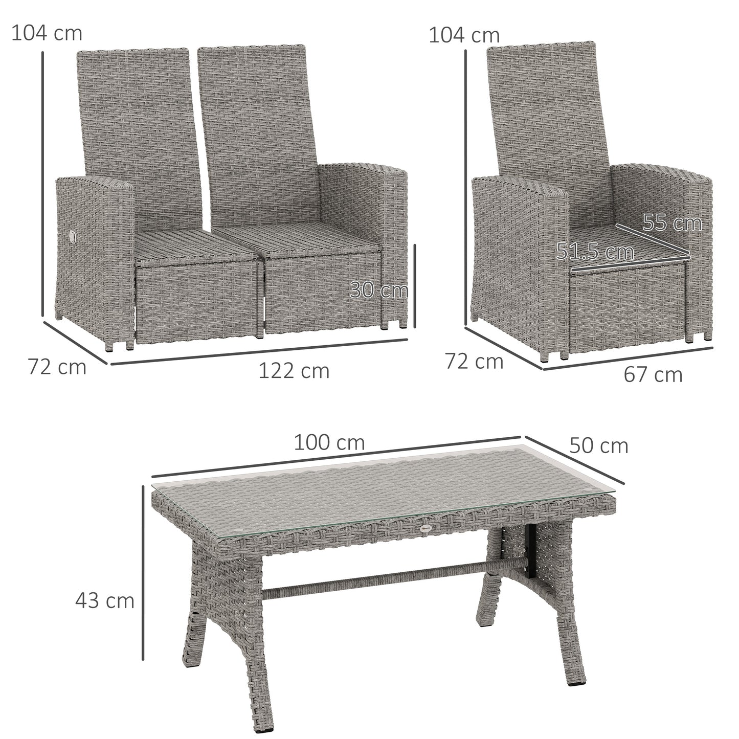 Kalec Grey Rattan Navy Blue 4 Seater Outdoor Sofa  Set With Glass Coffee Table