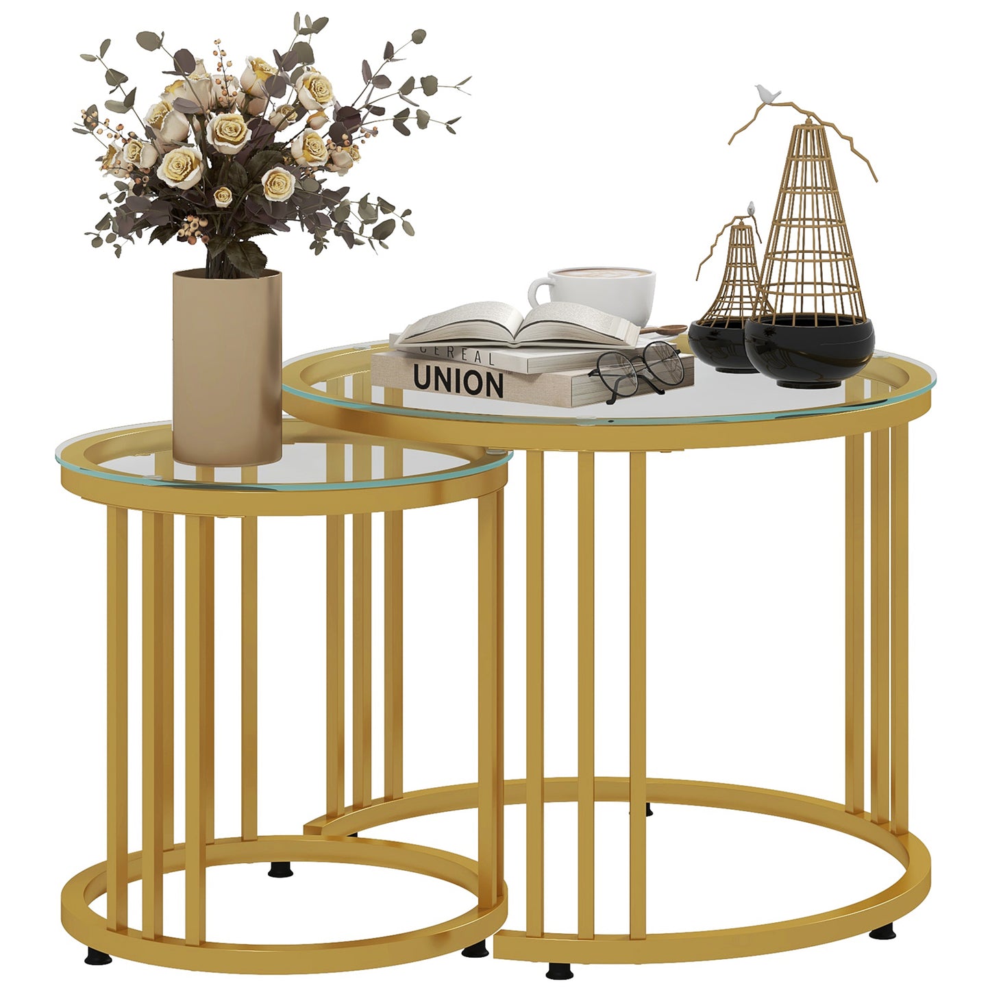 Livi Metal Gold And Glass Set Of 2 Stripe Round Nesting Coffee Tables