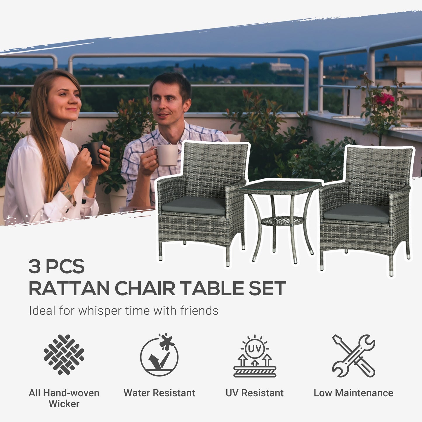 Sami Rattan Grey 3 Piece Garden Bistro Set With 2 Tier Table And Cushions
