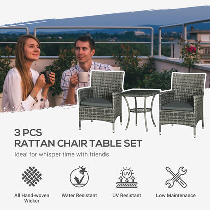 Sami Rattan Grey 3 Piece Garden Bistro Set With 2 Tier Table And Cushions
