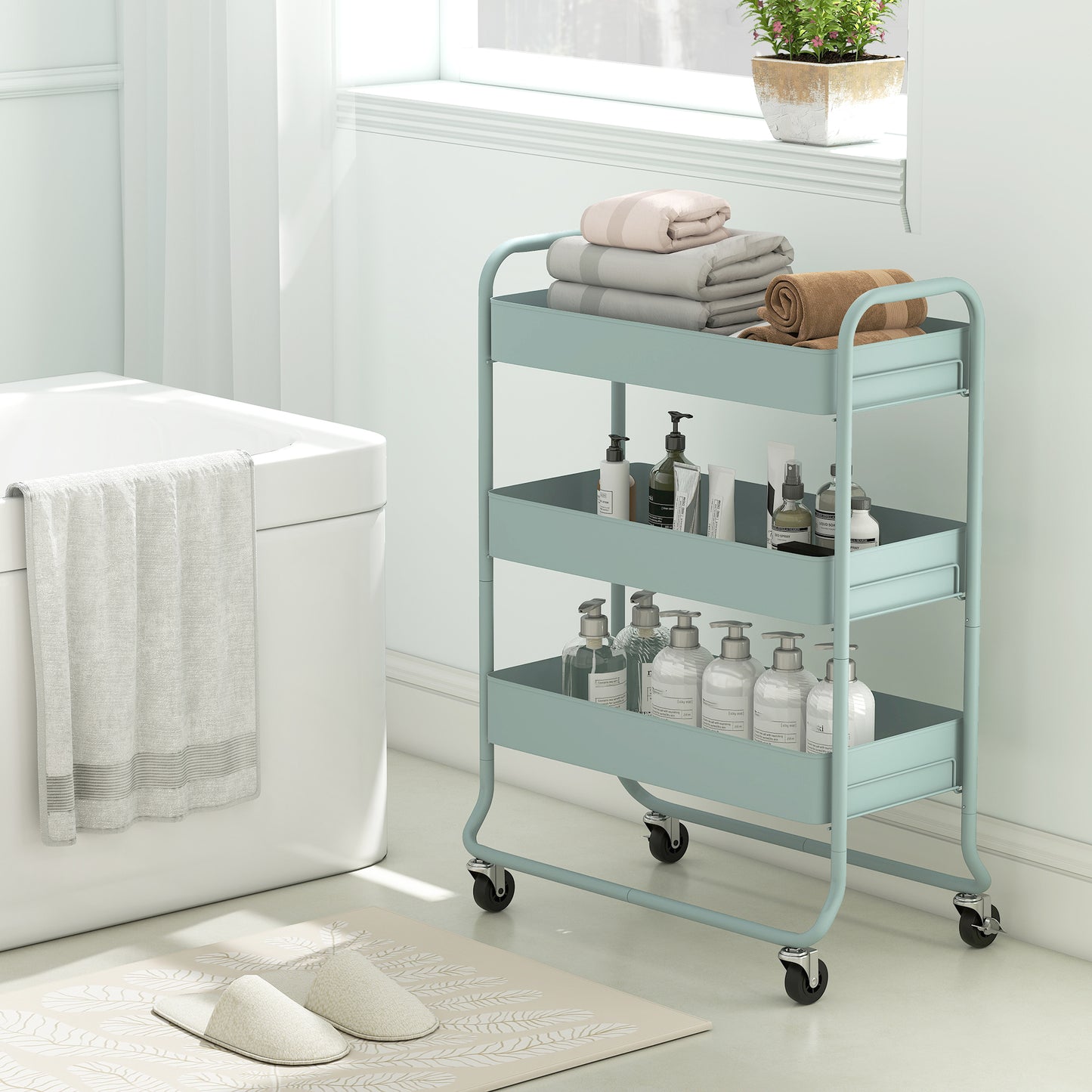 Nokeyo Metal Light Green 3 Tier Rolling Utility Trolley With Mesh Baskets