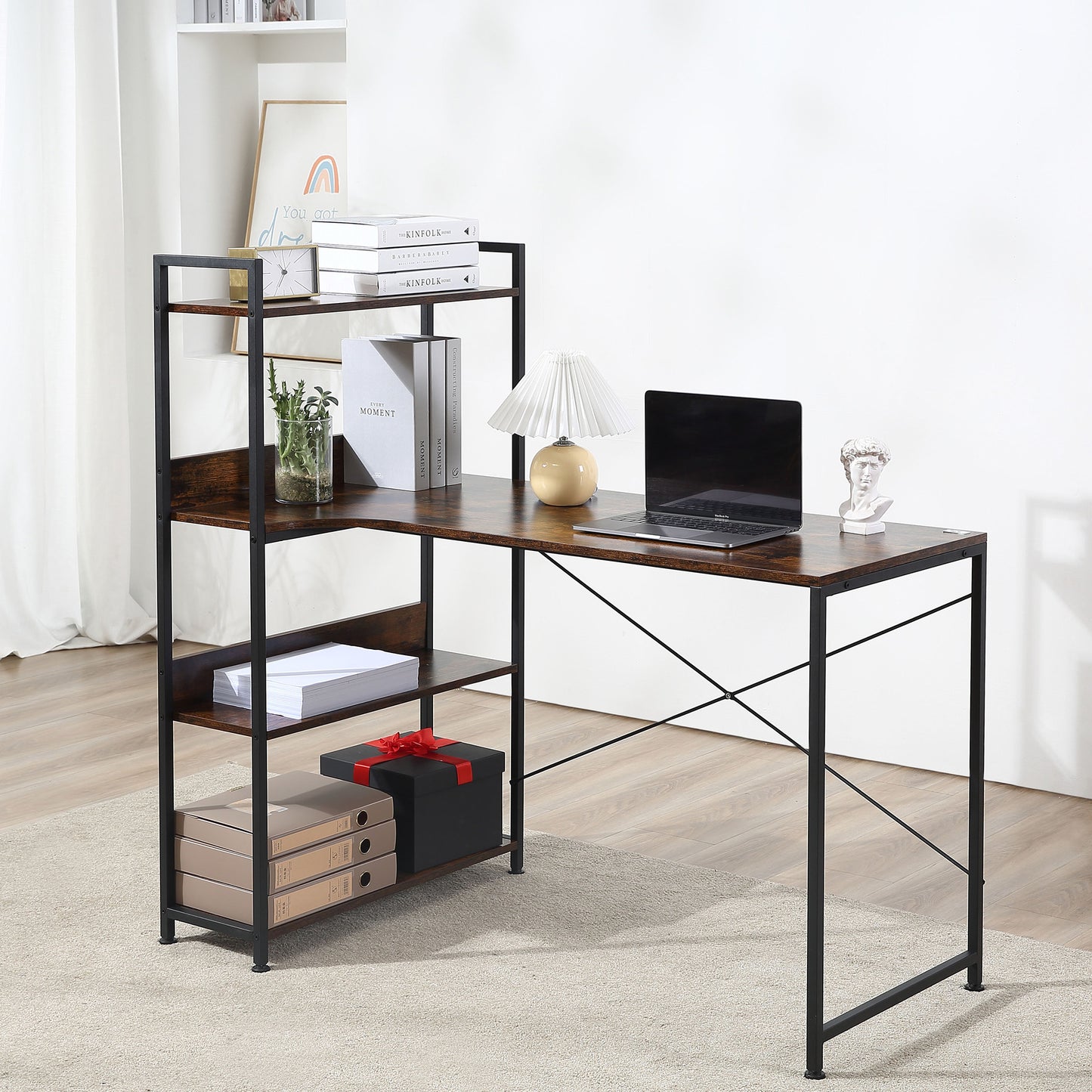 Ranasa 120cm Metal And Wooden Rustic Brown Industrial Desk With Storage Shelves