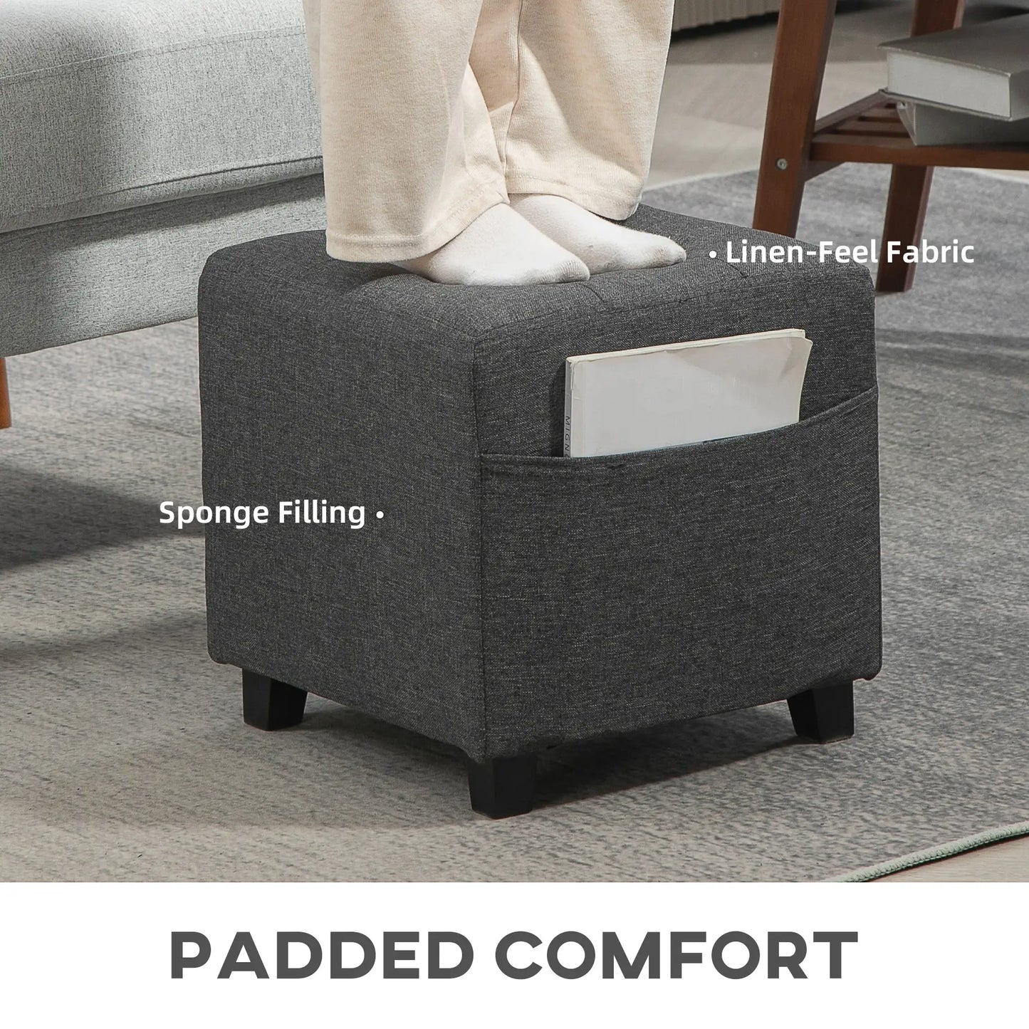 Linen Grey Compact Square Footstool With Side Pocket And Black Wooden Legs