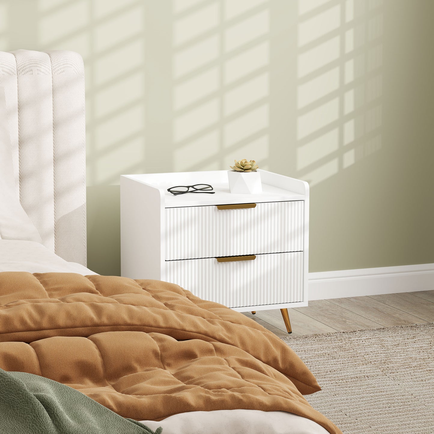 Yoha White and Gold Ribbed 2 Drawer Bedside Table