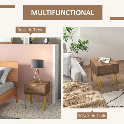 Keso Wooden And Metal Set Of 2 Bedside Tables With Drawers And Gold Tone Legs