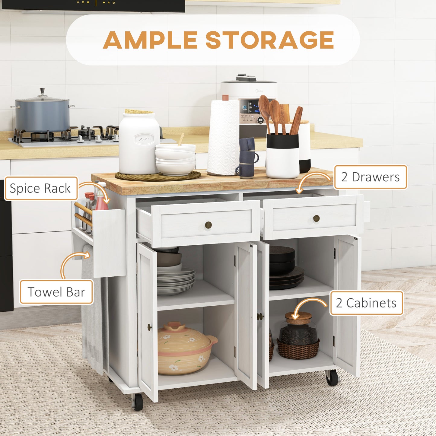 Viratto Natural and White Wooden Rolling Kitchen Island With Drawers And Storage