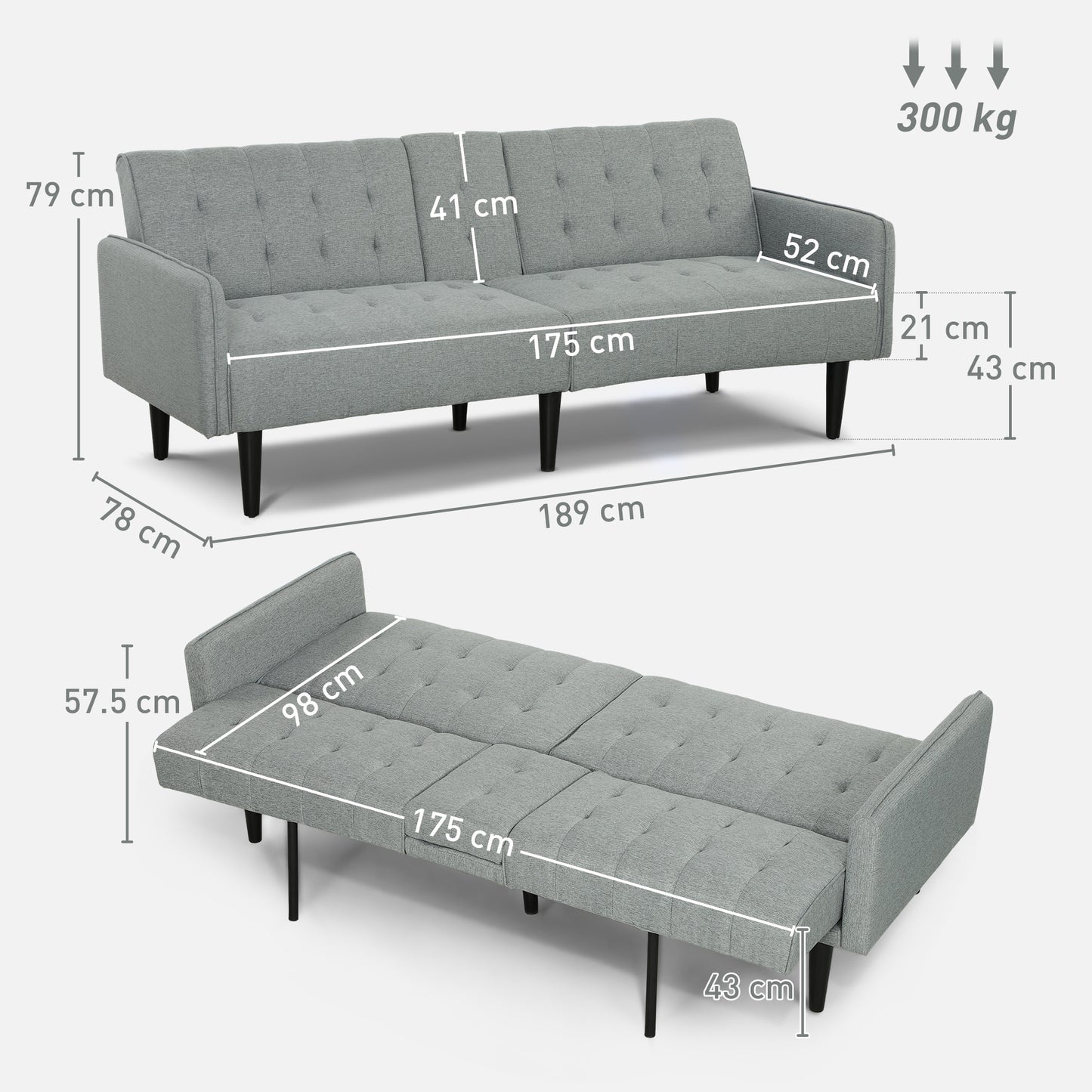 Valo Light Grey Upholstered 3 Seater Sofa Bed Tufted Diamond Pattern
