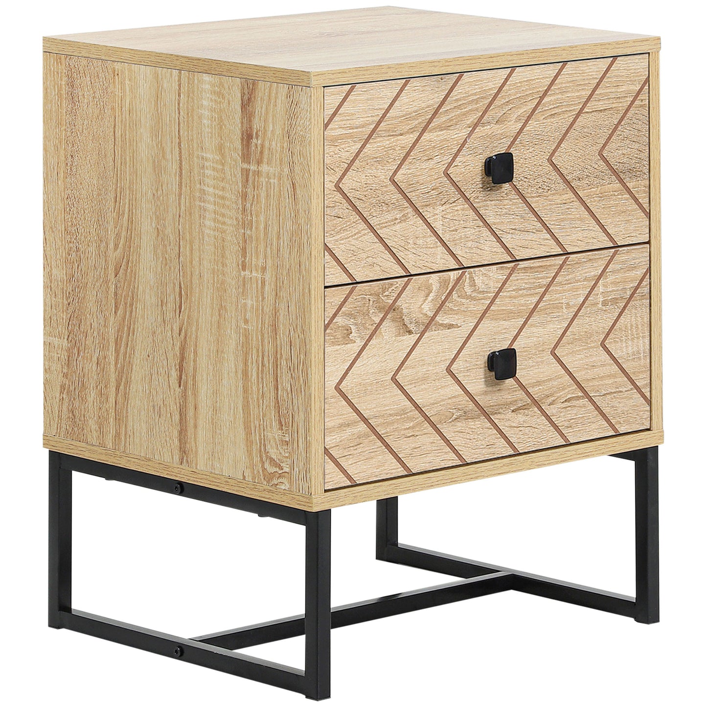 Nema Diso Natural Wood 2 Drawer Nightstand With Zig Zag Chevron Design Black Handles