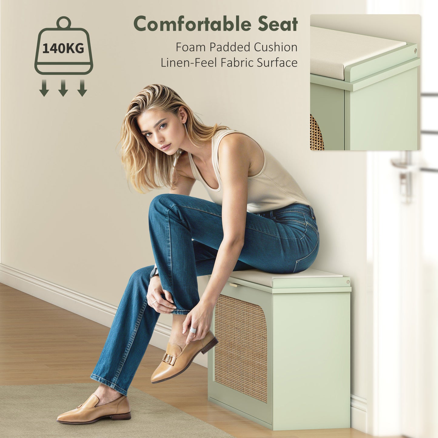 Rikena Coyo Wooden Light Green Boho Style Shoe Bench With Cushioned Seat And Flip Drawer