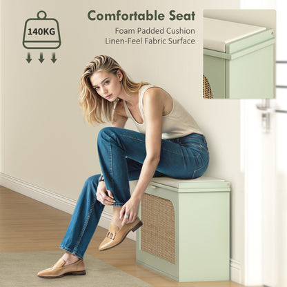 Rikena Coyo Wooden Light Green Boho Style Shoe Bench With Cushioned Seat And Flip Drawer