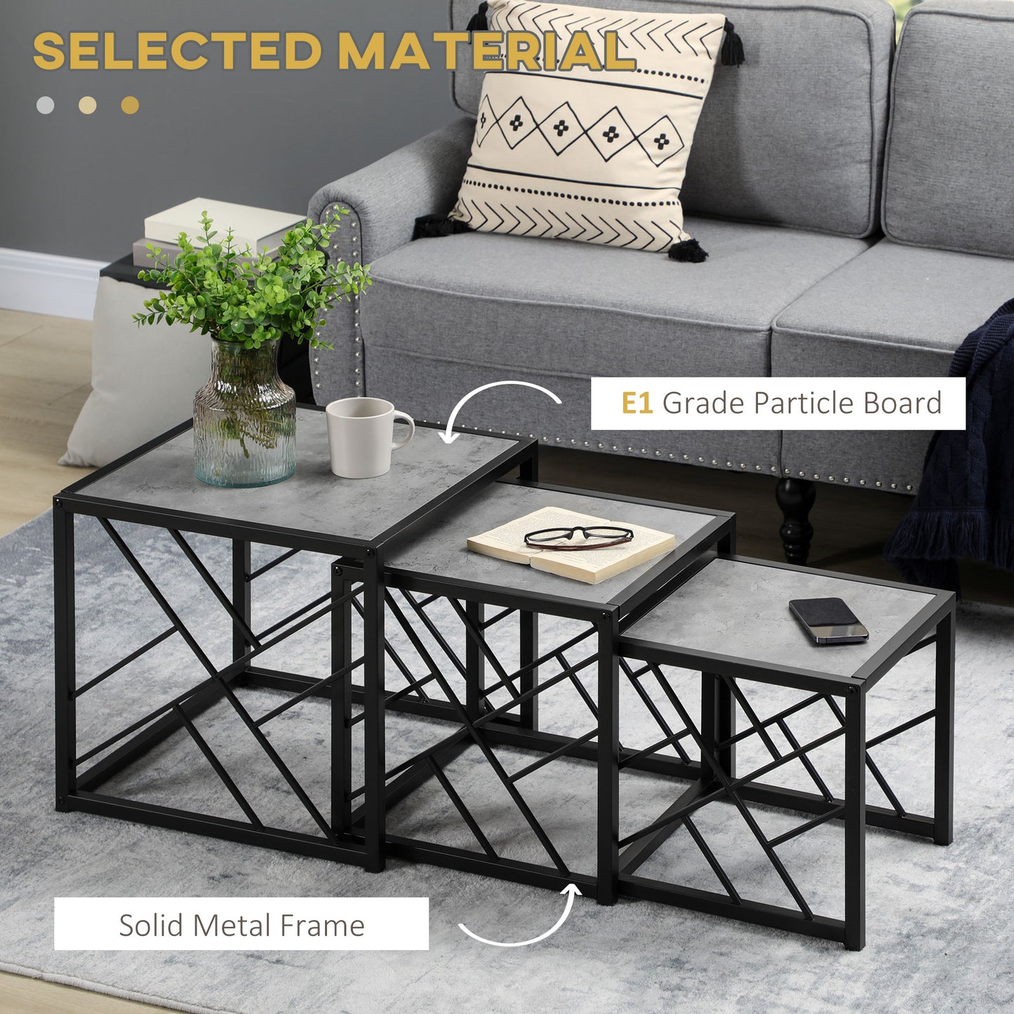 Safi Metal And Wood Grey Set Of 3 Square Nesting Side Tables With Black Frame