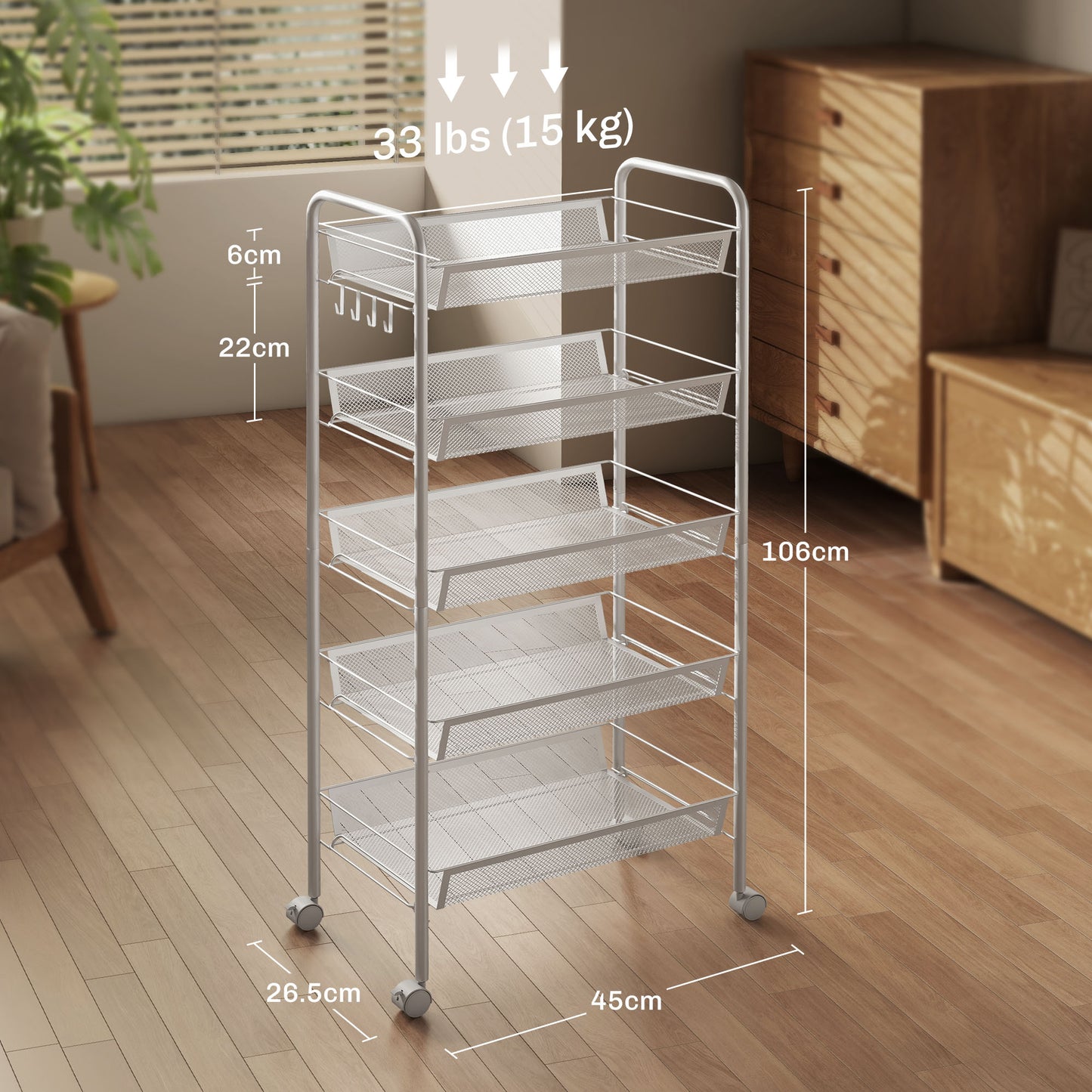 Visovi Metal White 5 Basket Steel Storage Trolley With Wheels