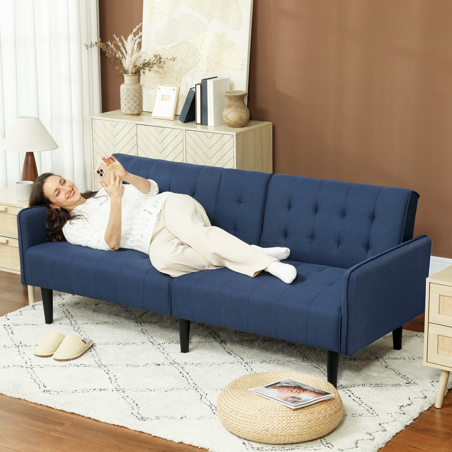 Rolano Dark Blue Upholstered 3 Seater Sofa Bed Tufted Diamond Pattern