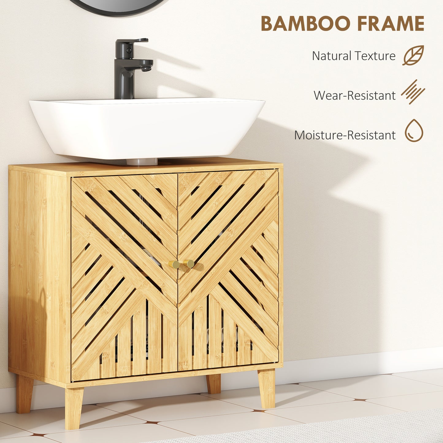 Limifi Bamboo Under Sink Bathroom Storage Cabinet With Adjustable Shelving Natural Finish