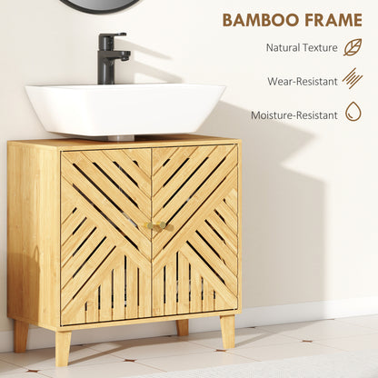 Limifi Bamboo Under Sink Bathroom Storage Cabinet With Adjustable Shelving Natural Finish