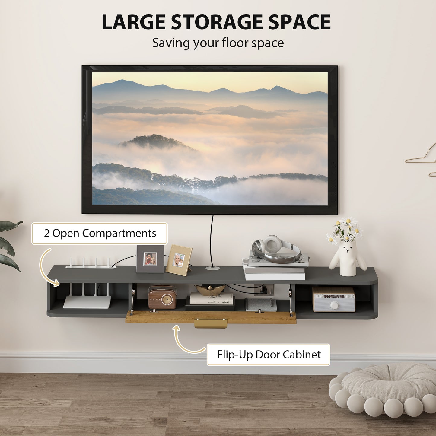Nova 140cm Wooden Charcoal Grey and Natural Floating TV Stand With Storage