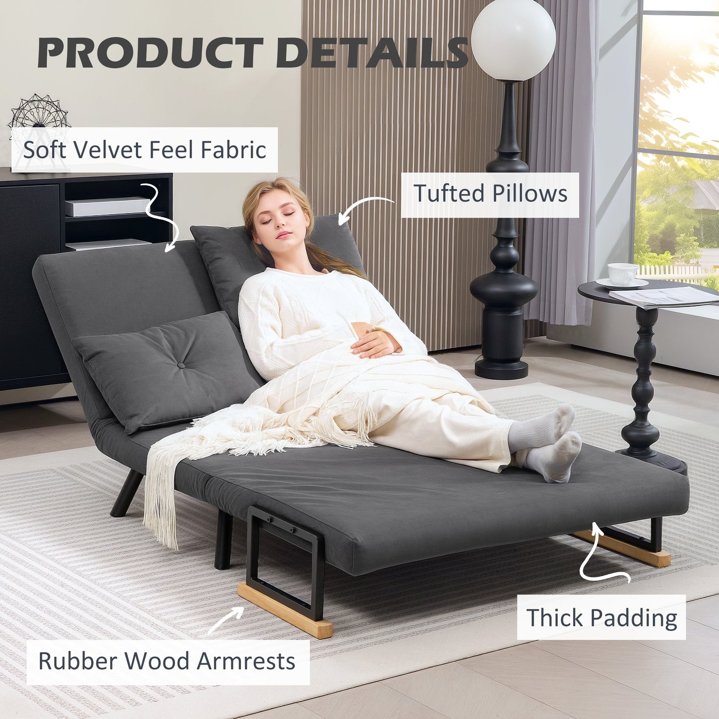 Dima Velvet Dark Grey 4 In One Convertible Double Sofa Bed With Cushions and Wooden Armrests