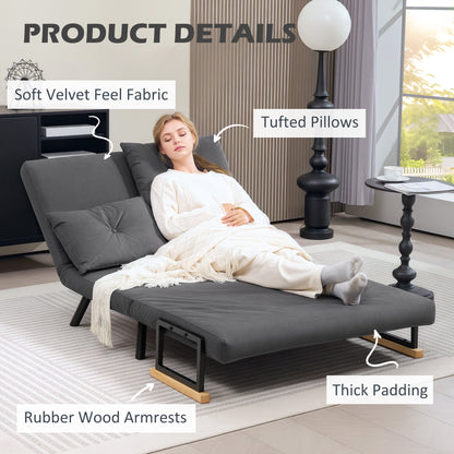 Dima Velvet Dark Grey 4 In One Convertible Double Sofa Bed With Cushions and Wooden Armrests
