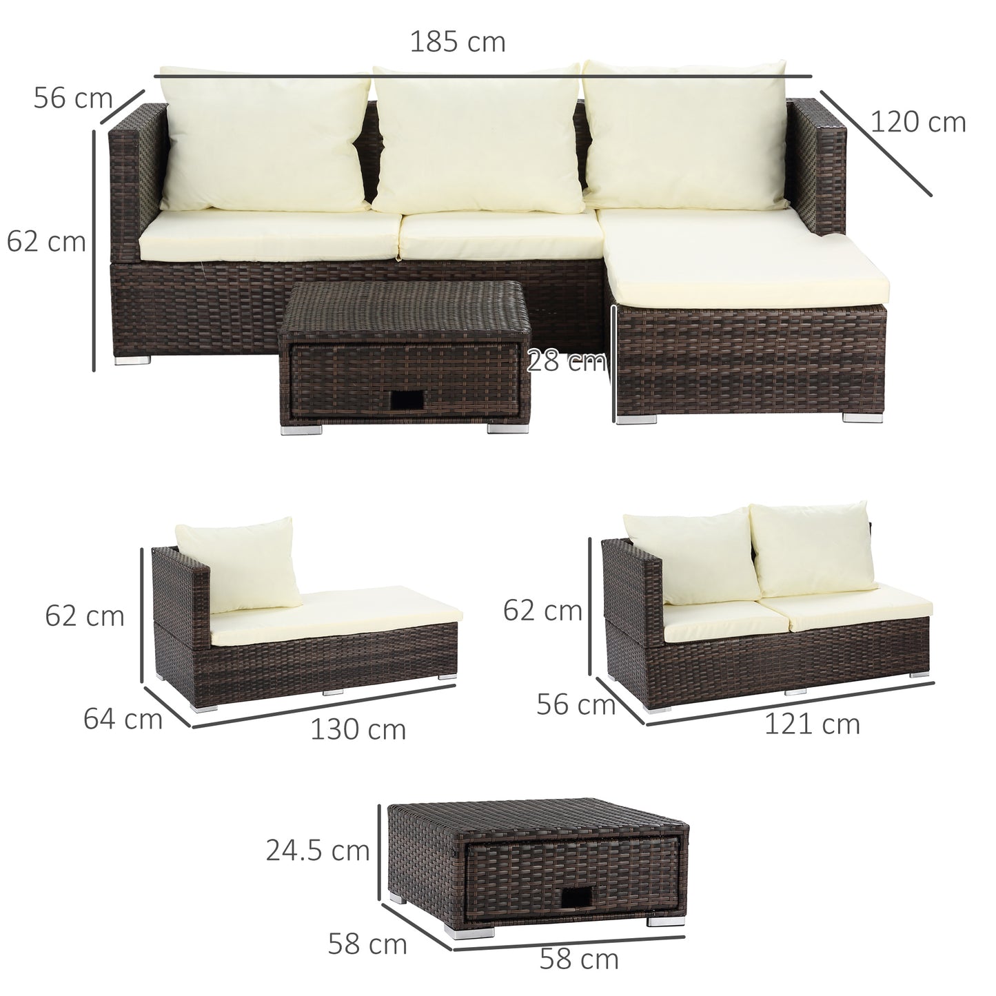 Lilisa Rattan Brown and Cream 3 Piece Garden Sofa Set With Storage Table
