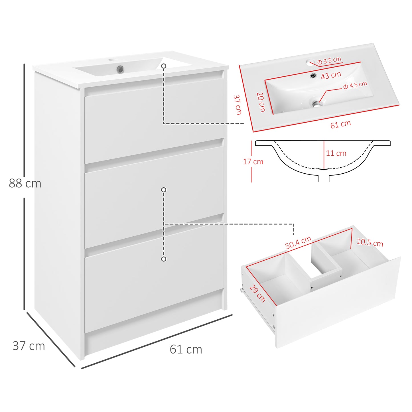 Nilute Floor Standing Bathroom Vanity Unit With Basin And 2 Drawers High Gloss White 600mm
