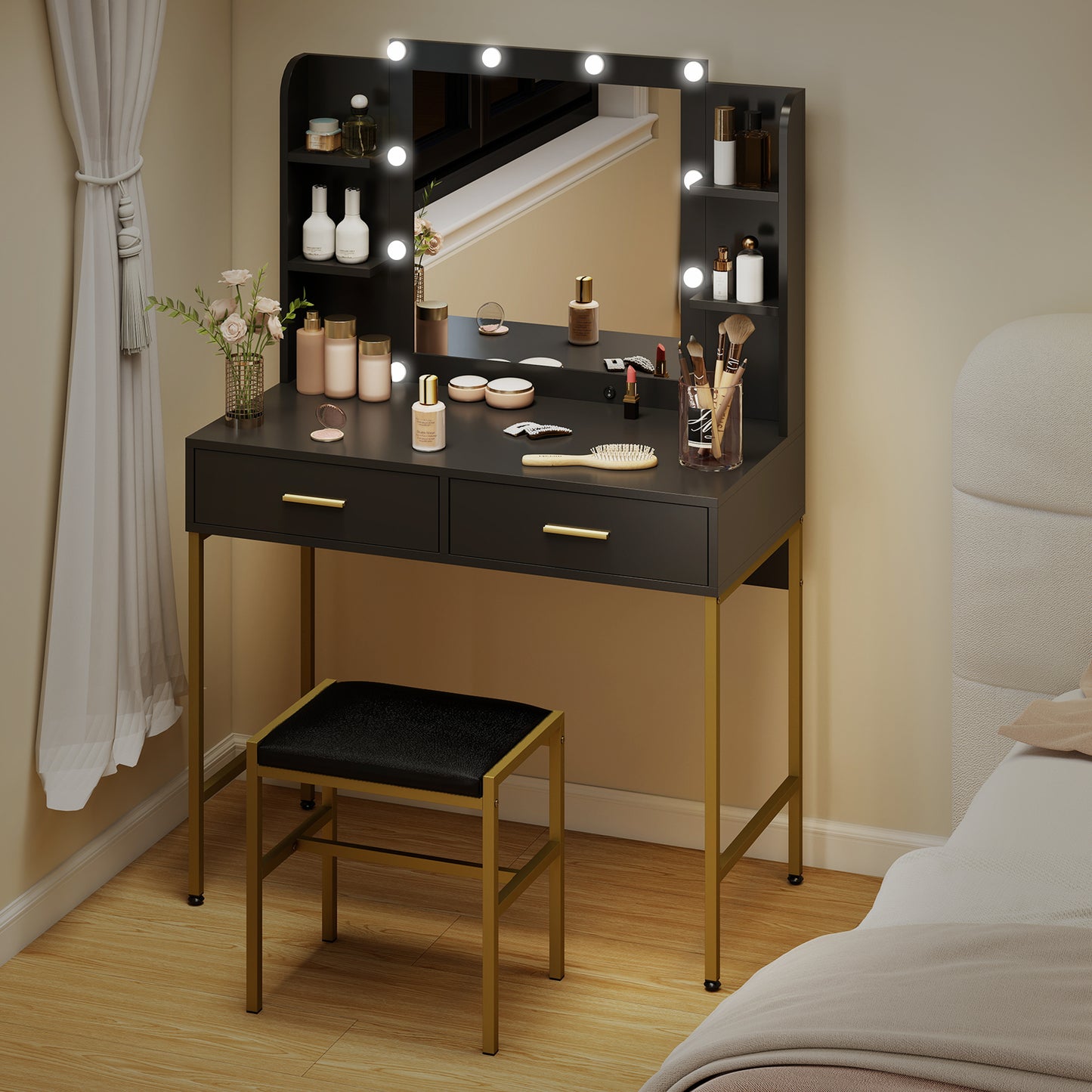 Taso Kana Black Dressing Table And Stool Set With Integrated Storage