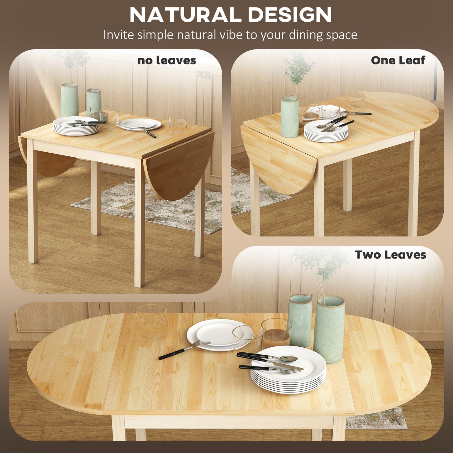 Fico Solid Wood Natural Drop Leaf Dining Table Seating 4 To 6