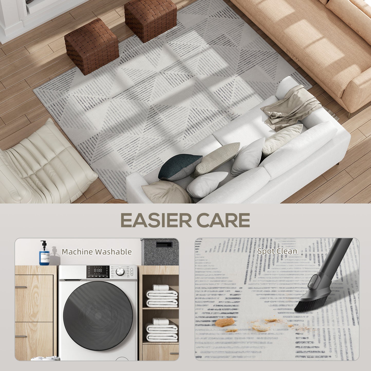 Nokado Polyester Grey Geometric Non Slip Washable Rug 230 x 160 cm