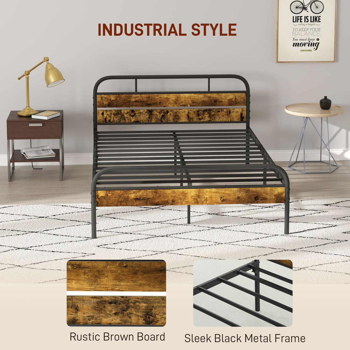 Marera 4FT6 Industrial Double Bed Frame Metal Black and Brown
