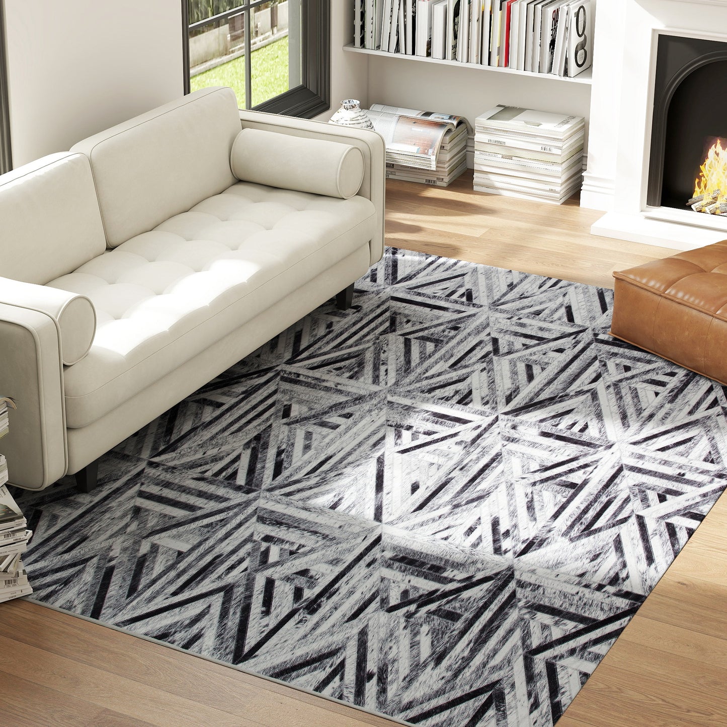 Lufana 290 x 200cm Chenille Black Triangle Pattern Non Slip Rug