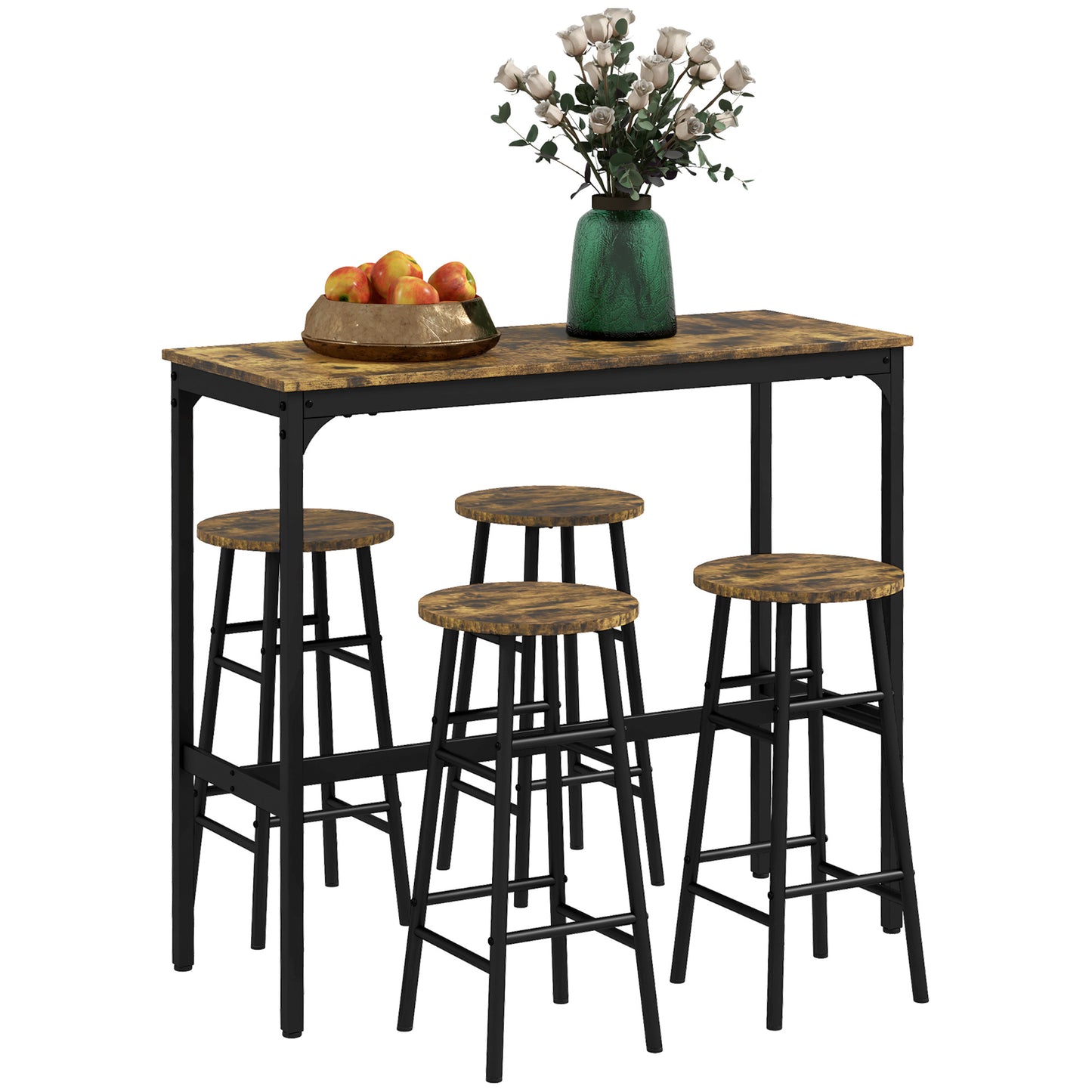 Tonayo Wooden Rustic Brown 5 Piece Industrial Bar Table And Stool Set