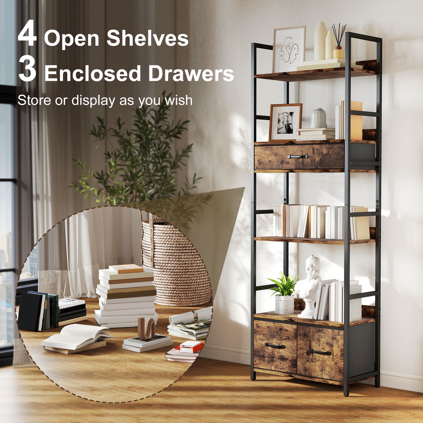 Cova Metal And Wood Brown And Black Industrial Bookcase With 4 Shelves And Fabric Drawers
