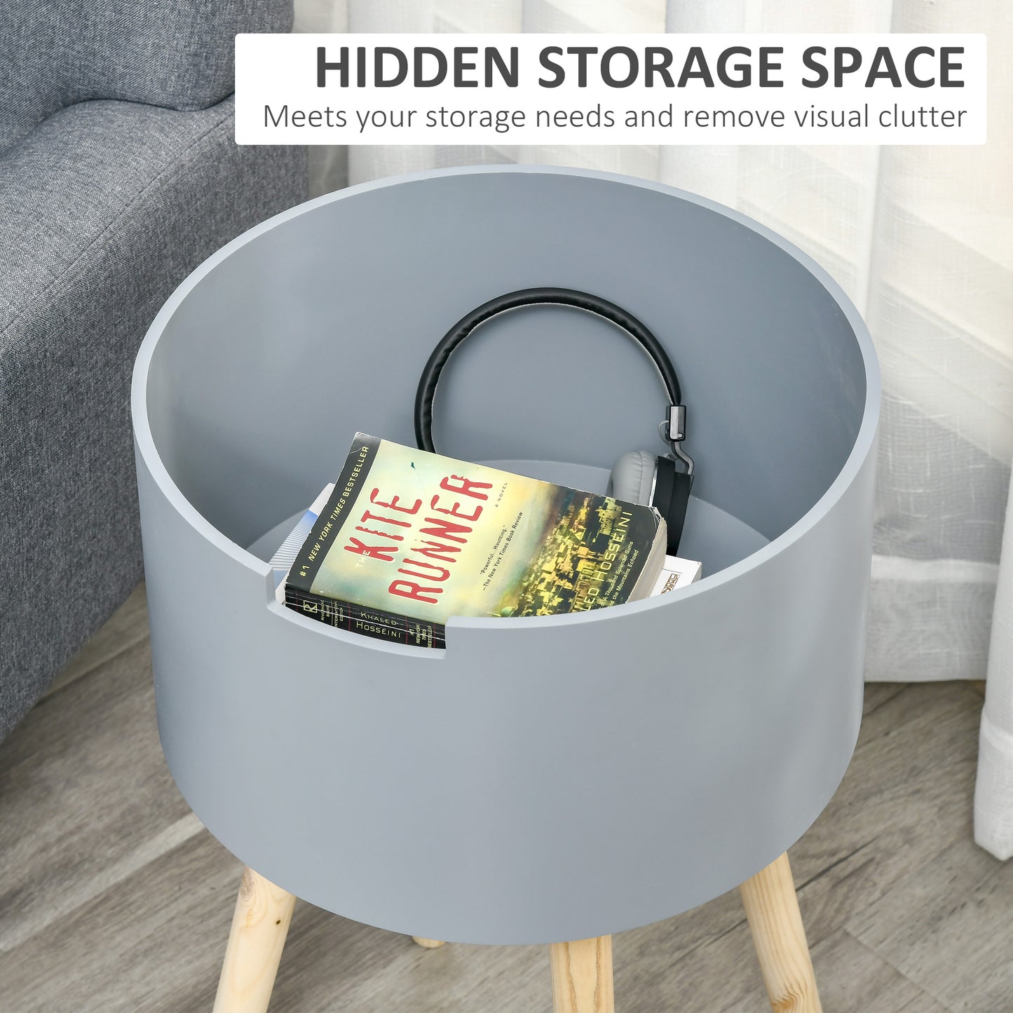 Lipa Wood Grey Set Of 2 Round BEdside Tables With Storage