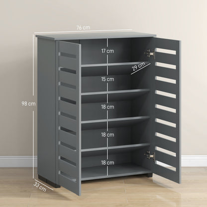 Zifa Wooden Grey Slim Shoe Cabinet With 5 Tier Storage And Slatted Doors