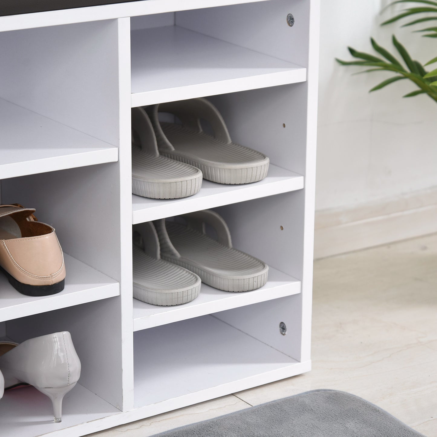 Noro Wooden White Multi Compartment Shoe Rack With Grey Cushion