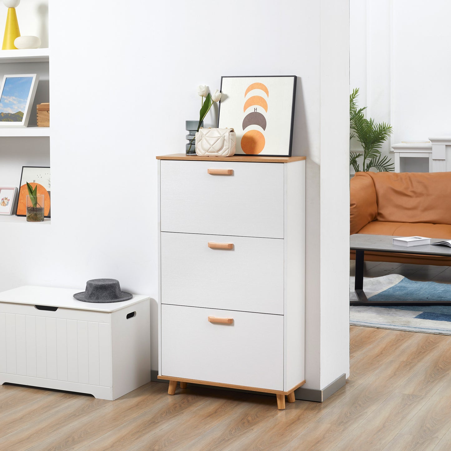 Ellora Lera Wooden White and Natural Slim Shoe Cabinet With 3 Flip Drawers For 12 Pairs