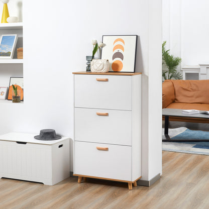 Ellora Lera Wooden White and Natural Slim Shoe Cabinet With 3 Flip Drawers For 12 Pairs