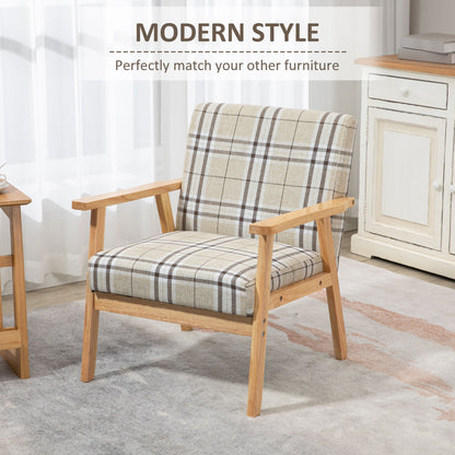 Sove Linen Beige Tartan Pattern Single Armchair With Wooden Frame