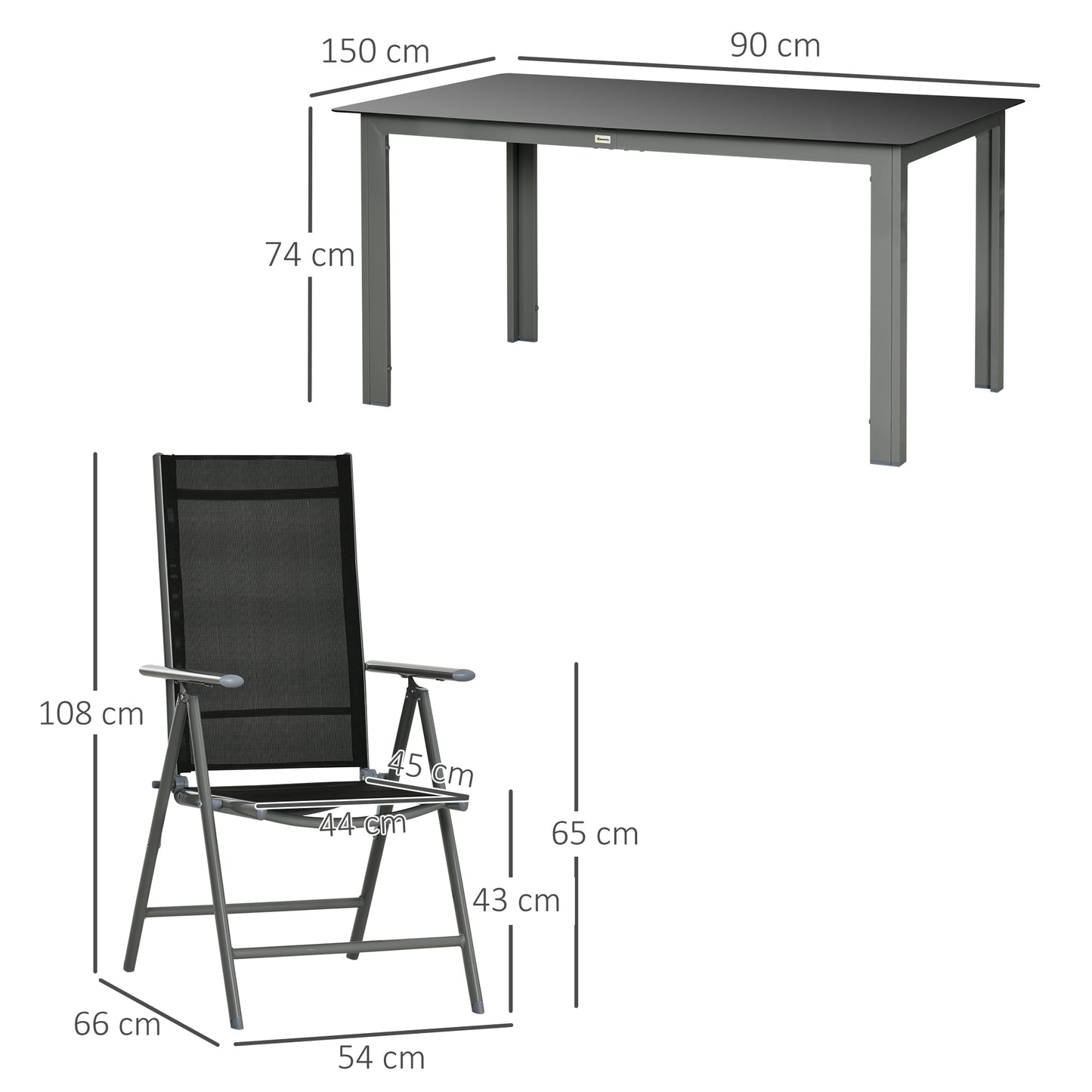 Lule 6 Seater Aluminium Black Garden Dining Set With Folding Mesh Chairs And Glass Table