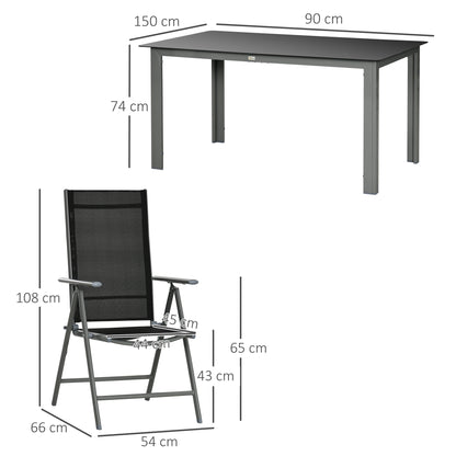Lule 6 Seater Aluminium Black Garden Dining Set With Folding Mesh Chairs And Glass Table